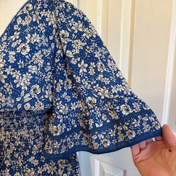 Max Studio Royal Blue Floral Smocked Tiered Mini Dress w/Flutter Sleeves Size S - Picture 3 of 10